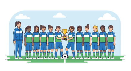 Fototapeta premium A Winning Women's Soccer Team Celebrates Victory with a Trophy and Coach Support