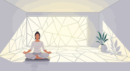 A woman doing yoga in a bright room with geometric window design and plant for a serene atmosphere