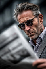 Stylish mature man with sunglasses reading a newspaper outdoors in city wearing suit jacket and checkered shirt Generative AI