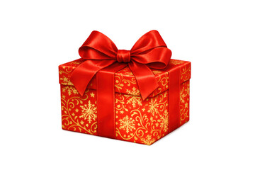 Red christmas gift box with gold snowflake pattern and satin ribbon bow, representing holiday season surprise and celebration