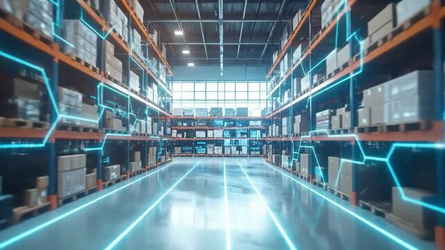 Futuristic warehouse interior with glowing blue lines, showcasing modern logistics and distribution.