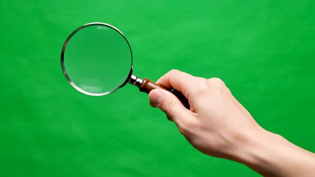 Hand Holding Magnifying Glass Against Bright Green Background with Focus on Inspection and Inquiry