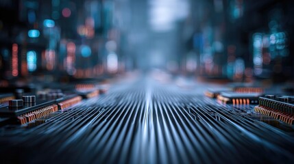 Futuristic Circuit Board in Technology Data Center with Blurred Neon Lights