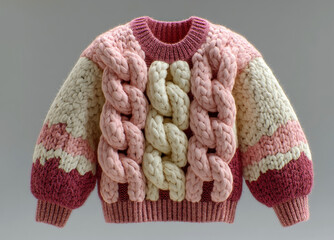 Chunky braided knit sweater in cream, pink, and burgundy yarns with bold cable textures on a neutral gray background Generative AI