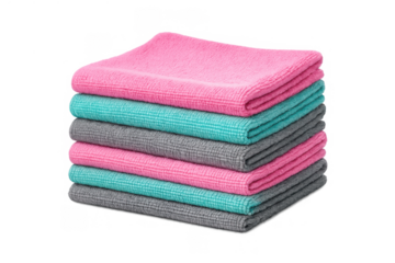 Stack of many folded cleaning rags, soft microfiber cloths in alternating pink, teal, and gray colors, for house cleaning
