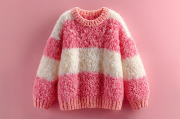 Fluffy striped sweater in pink and cream with curly textured yarn and ribbed cuffs displayed on a soft pink background Generative AI