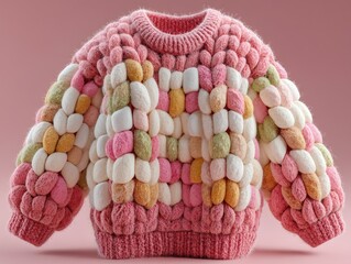 Colorful chunky knit sweater made of textured wool and silk cocoons in pink, white, green, and yellow against a pink background Generative AI