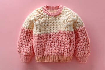 Chunky knit sweater with thick cream and pink yarn textures in color block design on soft pink background Generative AI