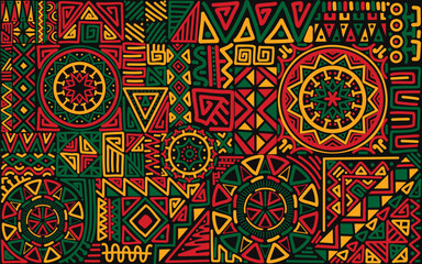 Bold seamless African tribal pattern featuring hand drawn geometric symbols, ethnic ornaments, and traditional motifs in red, green, yellow, and black.