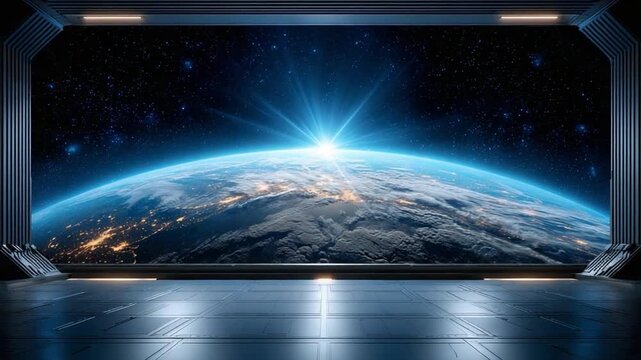 Earth in View from Space: Earth as seen from a futuristic spaceship window, with the sun rising over the horizon and stars. 