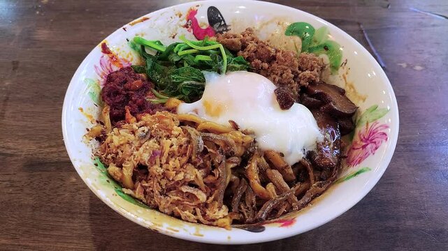Top view of Malaysian Chilli "Pan Mee". Traditional chinese food in Singapore and Malaysia.