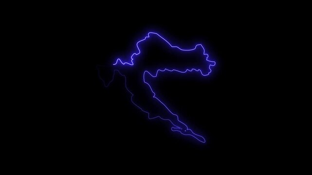 Glowing Blue Map Outline of Croatia on Black Background neon