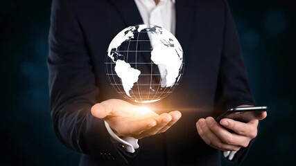 Businessman holding a glowing digital globe with technology icons in his hands. - Powered by Adobe