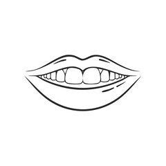 Obraz premium Outline drawing of smiling lips showing teeth. Line art mouth with teeth. Hand-drawn illustration of open human lips in vector format.