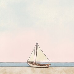 Fototapeta premium Sailboat on sandy beach under pastel sky