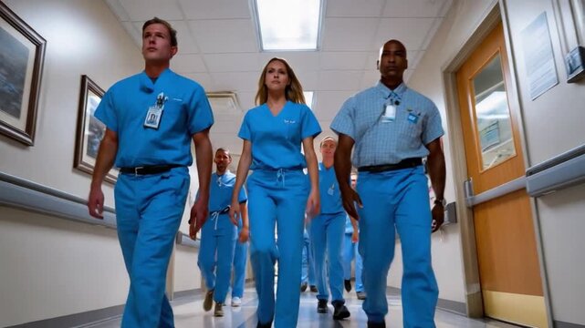 Healthcare Team Marching Forward: A committed group of medical professionals strides purposefully through a brightly lit hospital corridor, conveying a sense of teamwork and dedication.