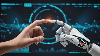 Human finger touching the fingertip of a sophisticated white robotic hand against a digital interface background