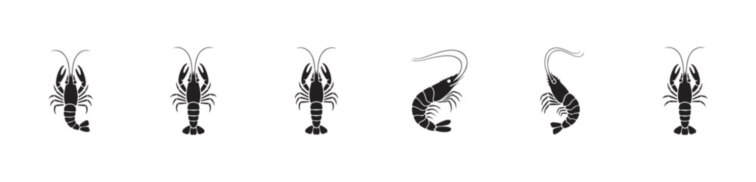 Set of six seafood icons featuring crawfish and various shrimp silhouettes for menus