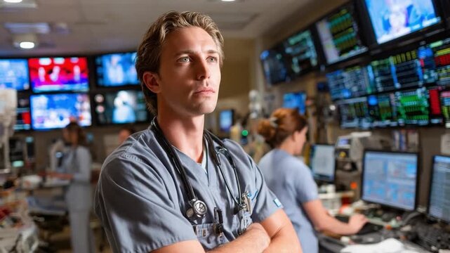 Focused Medical Professional: A determined medical professional stands amidst a bustling hospital environment, exuding focus and resolve as they work diligently.