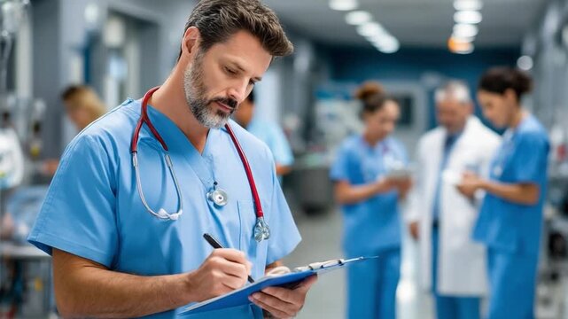 Health Professionals: Focused on ensuring well-being and health in a professional healthcare environment, the image shows healthcare personnel reviewing and making notes on medical records.