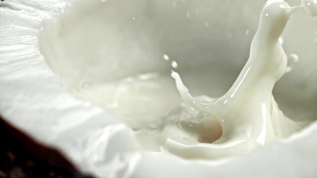 Super slow motion drop of milk falls into half a coconut . Filmed on a high-speed camera at 1000 fps. High quality FullHD footage