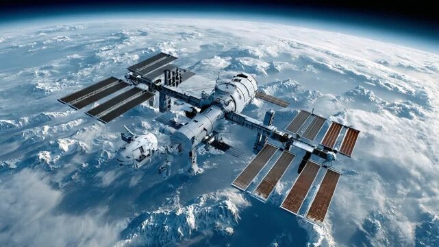 Space Station Above Earth: A high-angle perspective showcases a magnificent space station, orbiting above the breathtaking curvature of earth.