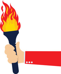 Hand holding a torch. Sport symbol, flat vector illustration design. Torch, flame. Isolated burning torches flames in hands.

