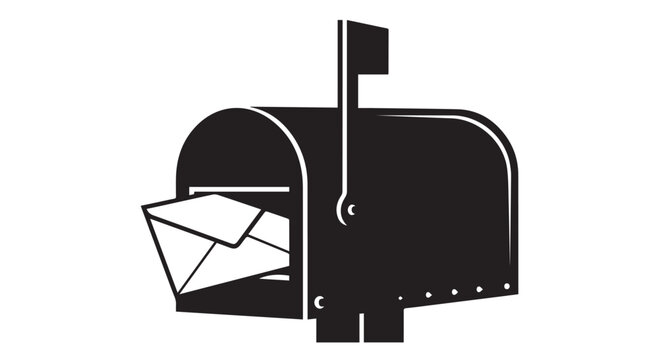 A black and white illustration of a mailbox with letters inside, isolated on transparent background