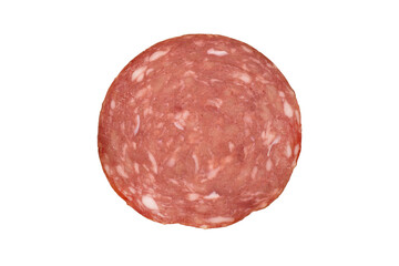 Smoked pork salami chorizo sausages slices isolated on white background. Raw smoked salami sausage...