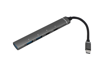 USB Type C adapter hub with, ethernet, HDMI, USB, SD microSD cables. Converter cables for computers and smartphones isolated on white background