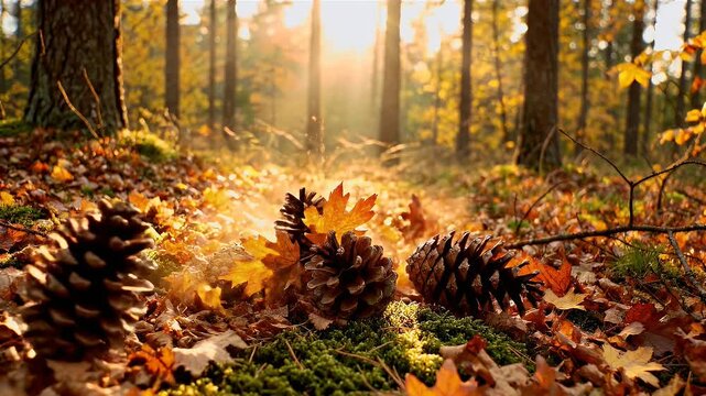 Pinecones surrounded by autumn leaves on forest floor with sunlight filtering through trees