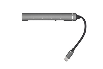 USB Type C adapter hub with, ethernet, HDMI, USB, SD microSD cables. Converter cables for computers and smartphones isolated on white background