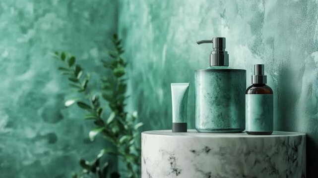 A cosmetic mockup set on a marble podium in a luxury green bathroom. Minimalist spa aesthetic. Ideal for skincare and beauty branding.