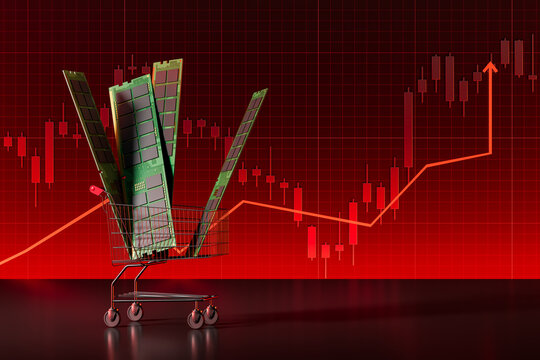 Conceptual image of computer memory chips in shopping cart with red stock chart background indicating technology price trends and market fluctuations. 3D Rendering