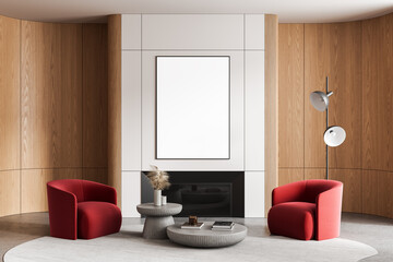 Fototapeta premium Modern interior with blank framed poster mockup above fireplace, red armchairs, and minimalist furniture in clean wood and white wall design. 3D Rendering