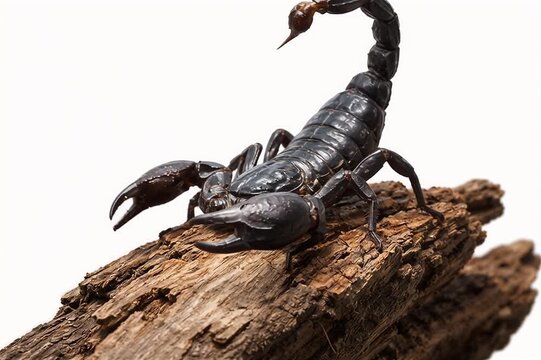 Large Black Scorpion on Rotten Wood Isolated on White Background