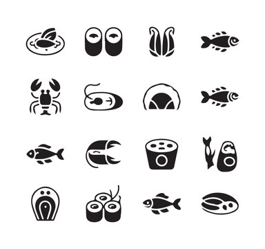 Seafood vector icon set. sixteen black and white fish and sushi symbols on a white background