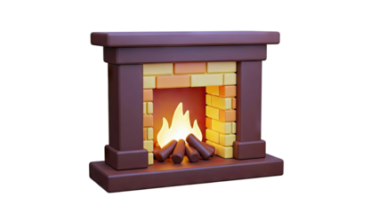 3D Rendered Cartoon Fireplace with Glowing Fire and Logs
