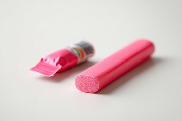 Partially unwrapped pink bubblegum stick next to a shiny candy wrapper on a plain surface
