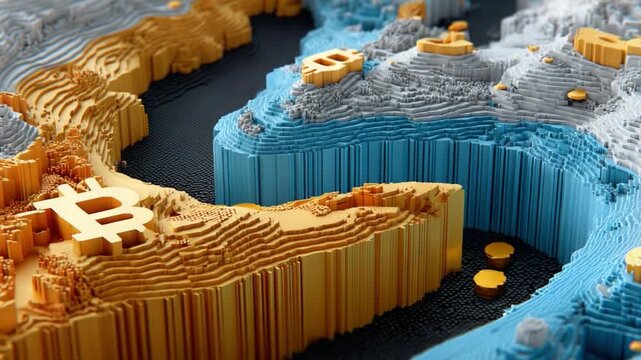 Cryptocurrency Landscape: A detailed conceptualization of a cryptocurrency environment, rendered in a 3D style.