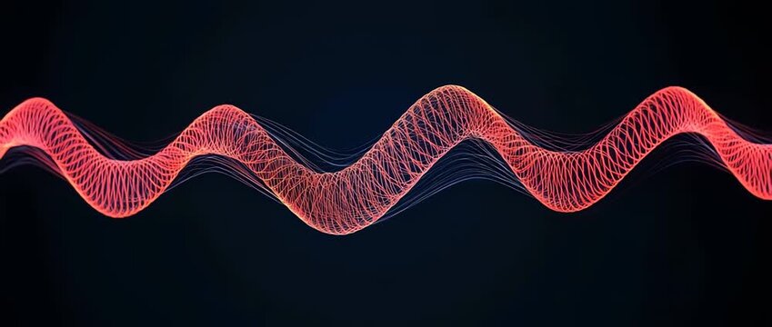 Abstract glowing red sound wave flowing horizontally across a dark surface