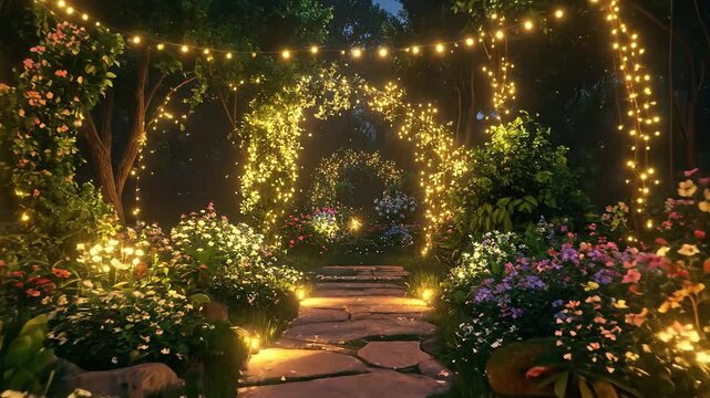 Enchanting garden pathway illuminated by string lights, creating a magical and romantic atmosphere.