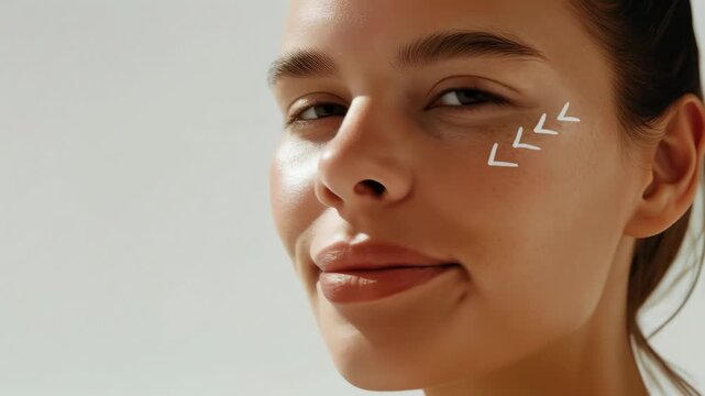 Caucasian woman facial massage with arrows on cheek implying skin tightening and rejuvenation for beauty and skincare concept