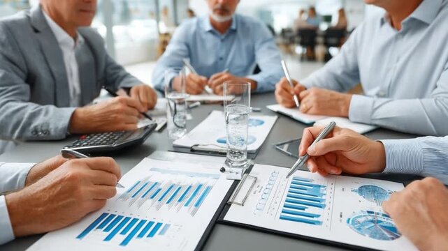 Business Collaboration and Analysis: A group of business professionals in a focused meeting, reviewing charts, graphs, and data, while engaged in a process of analysis and collaborative work.