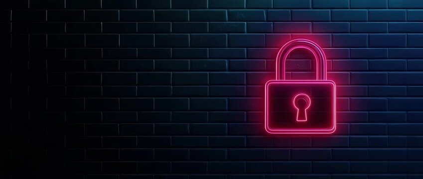 Bright pink neon padlock sign glowing on a textured dark brick wall surface