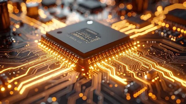Close-up of a modern computer chip with intricate circuit patterns and glowing connections.