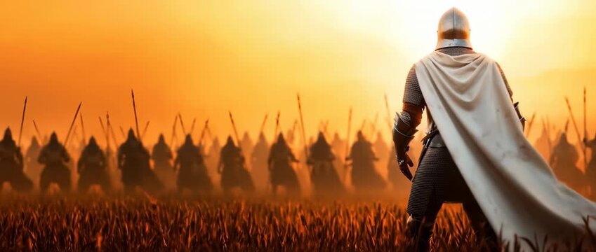 Medieval knight in armor with cape standing before an army at bright sunset