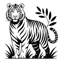 Obraz premium Tiger Illustration Vector - Royal Bengal Tiger Black and White Jungle Predator Line Art