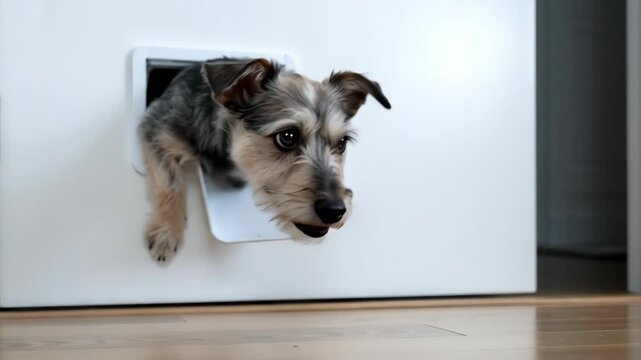 Small scruffy dog poking its head through a pet door. Terrier mix looking through a doggy door flap in a white interior door. Pet accessibility and home convenience concept