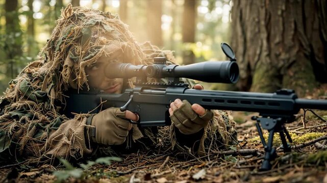Camouflaged sniper aiming a high-powered rifle in a dense forest. Military soldier in a ghillie suit lying prone on the ground waiting for a target. Tactical warfare concept